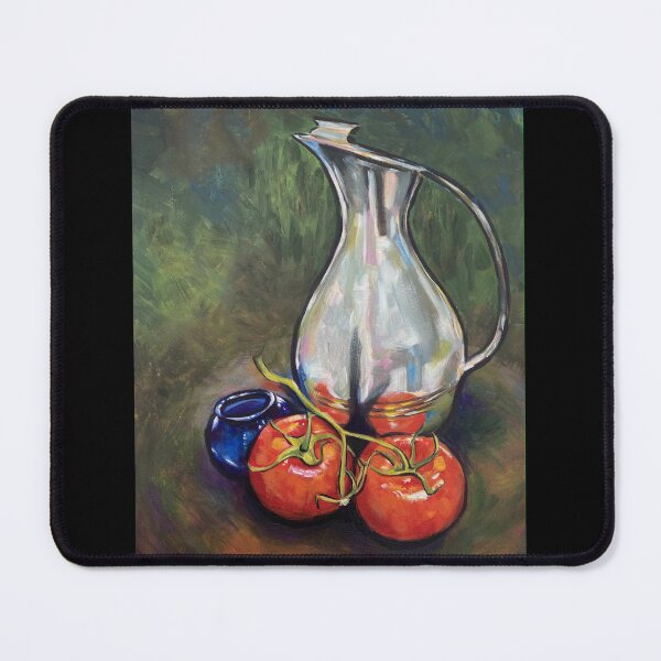 Item preview, Still life with silver jug, blue bowl, and red tomatoes acrylic painting designed and sold by Tahnja Wolter.