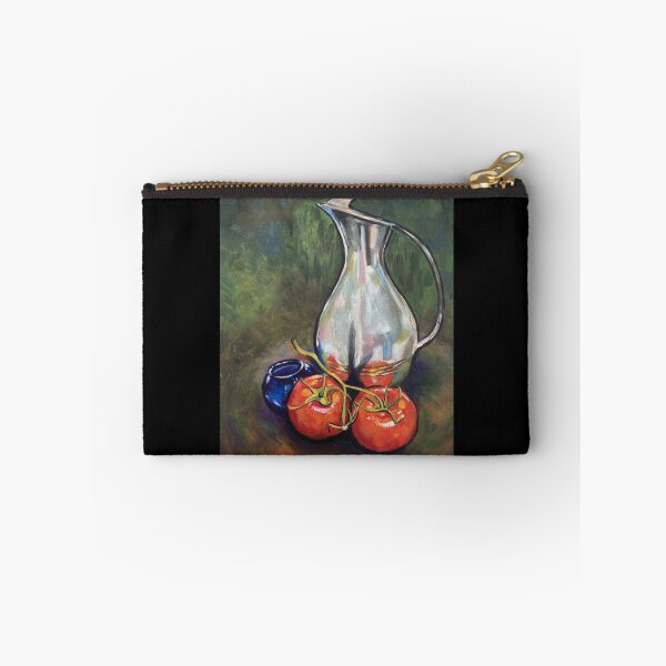 Item preview, Still life with silver jug, blue bowl, and red tomatoes acrylic painting designed and sold by Tahnja Wolter.
