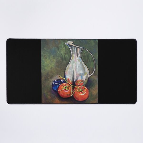 Item preview, Still life with silver jug, blue bowl, and red tomatoes acrylic painting designed and sold by Tahnja Wolter.