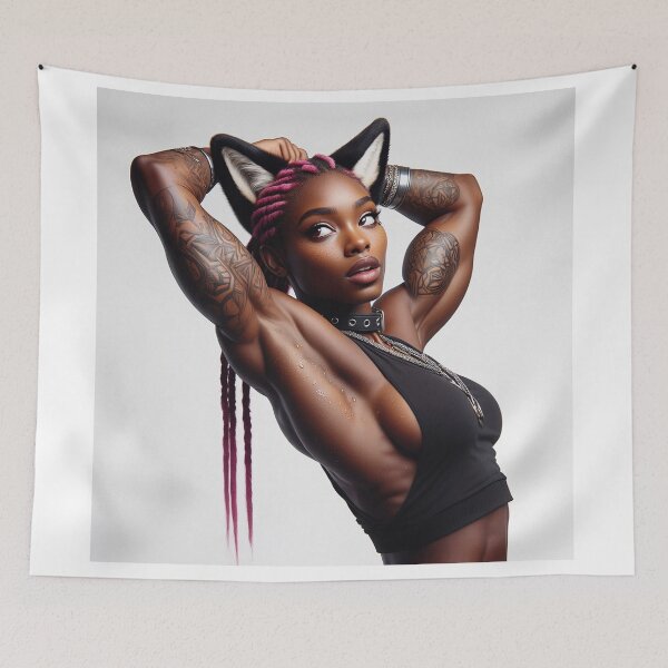 Item preview, Cute sexy Anthropomorphic Wolf Girl render black Wolf posing with her hands behind her head designed and sold by Vintage Designs +.