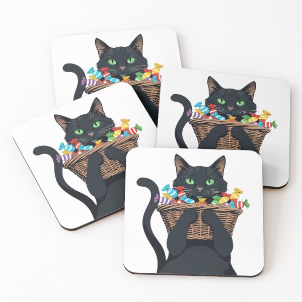 Item preview, A mischievous black cat and a pile of colorful candies set the scene for Halloween night, as the front door becomes a battleground for trick-or-treaters ready to unleash their sugar-fueled chaos. designed and sold by AddyTae.