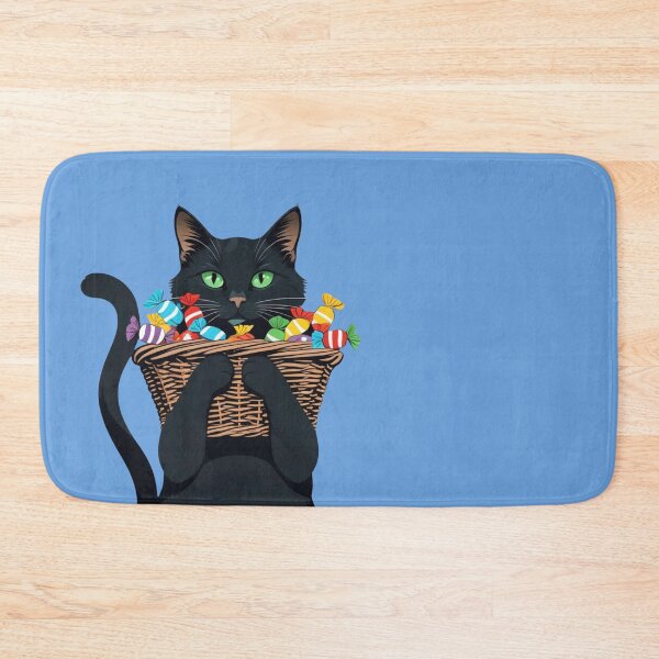 Item preview, A mischievous black cat and a pile of colorful candies set the scene for Halloween night, as the front door becomes a battleground for trick-or-treaters ready to unleash their sugar-fueled chaos. designed and sold by AddyTae.