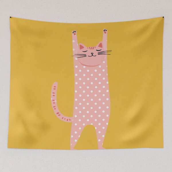 Item preview, Pink Cat with Raised Arms Polka Dots Scandinavian Kids designed and sold by MysticMarble.