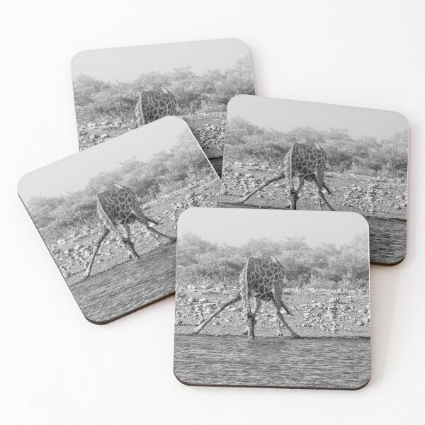 Item preview, Giraffe drinking at water hole in black and white designed and sold by Photopat.