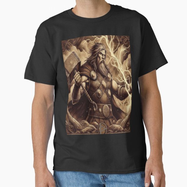 Artikel-Vorschau von Thor: Gott des Donners, nordischer Gott, Mythologie, T-Shirt, Wikinger-Gottheit, Kunst, antike Macht und Symbol, Horror-Schwerter, Schilde und Runen, klassisches T-Shirt, designt und verkauft von blackdoggdesign.