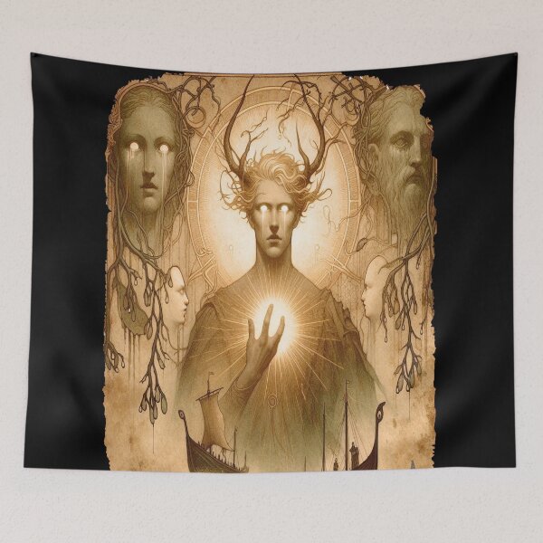Item preview, Baldr: God of Light Norse God Mythology T-Shirt Viking Deity Art Ancient Power & Symbol horror swords and shields and runes, classic t-shit designed and sold by blackdoggdesign.