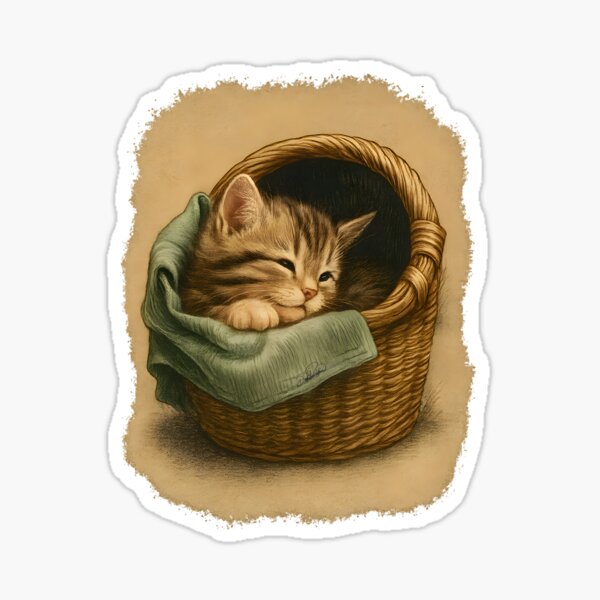 Item preview, Kitten Sleeping in Basket – Cute Vintage Illustration designed and sold by DakotaPoppin.