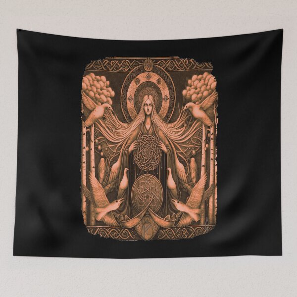 Item preview, Frigg: Norse Queen of Fates Norse God Mythology T-Shirt Viking Deity Art Ancient Power & Symbol horror swords and shields and runes, classic t-shit designed and sold by blackdoggdesign.