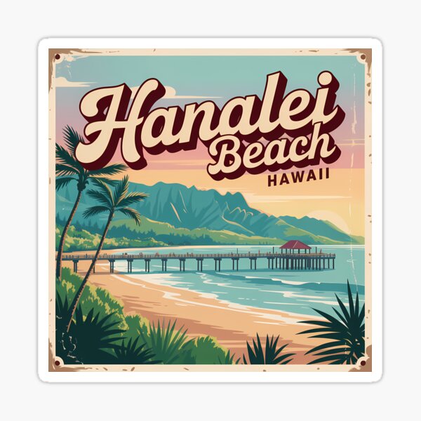 Item preview, Hanalei Beach Hawaii Vintage Postcard Sticker   designed and sold by Horizon Tales.