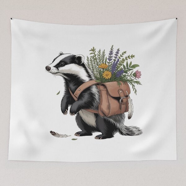 Item preview, Cottagecore Badger with Wildflowers and Leather Satchel designed and sold by BirdsnStuff.