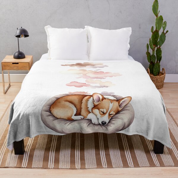 Aperçu de l'œuvre Corgi endormi rêveur dans des nuages pastel à l'aquarelle créée et vendue par zoughlal.