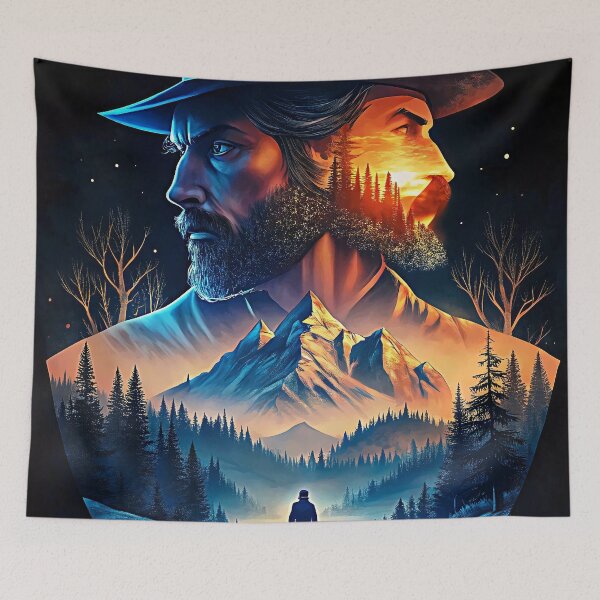 Item preview, Mysterious Cowboy Landscape Sunset Mountain Forest Adventure designed and sold by Rostislav Bouda.