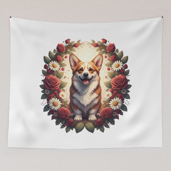 Artikelvorschau, Digital gemalter Corgi sitzt im Blumenkranz entworfen und verkauft von zoughlal.