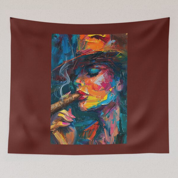Item preview, Unleash the Fire Within- Dynamic Femme Fatale Red Lipstick Smoking Cigar in a Vortex of Vibrant Color designed and sold by OlfactoART Studio.