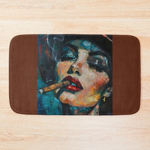 Item preview, Shadow and Smoke - Confident Woman with Red Lips Smoking Cigar in Dramatic Color designed and sold by OlfactoART Studio.