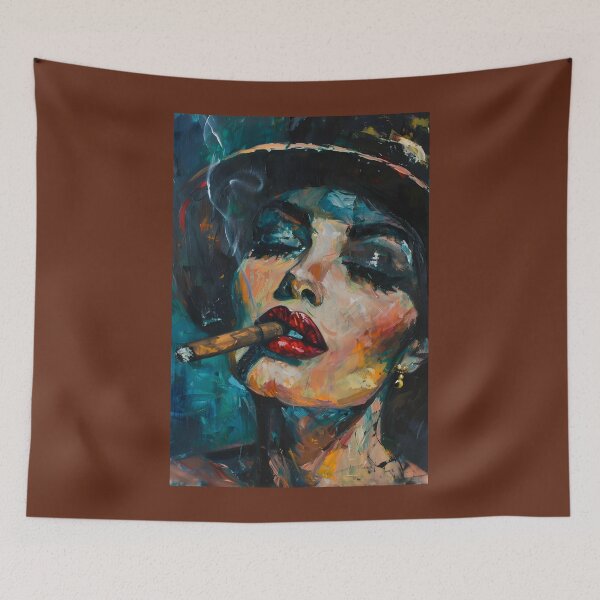 Item preview, Shadow and Smoke - Confident Woman with Red Lips Smoking Cigar in Dramatic Color designed and sold by OlfactoART Studio.