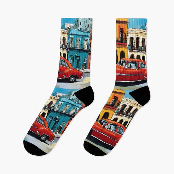 Item preview, Cruise Through Nostalgia - Vintage Red Car and Colorful Havana Street Life Abstract Digital AI Art designed and sold by OlfactoART Studio.