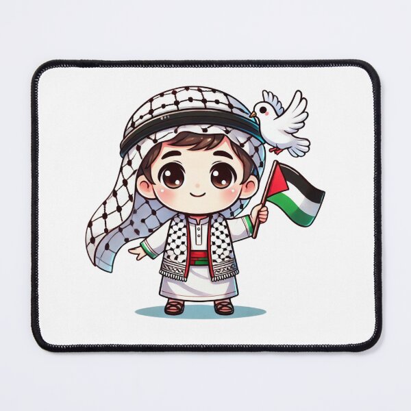 Item preview, Palestinian boy with flag and peace dove Kufiya Free Palestine Free Gaza designed and sold by Annika Shurafa.