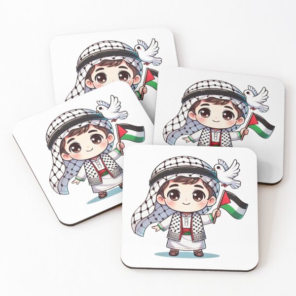 Item preview, Palestinian boy with flag and peace dove Kufiya Free Palestine Free Gaza designed and sold by Annika Shurafa.