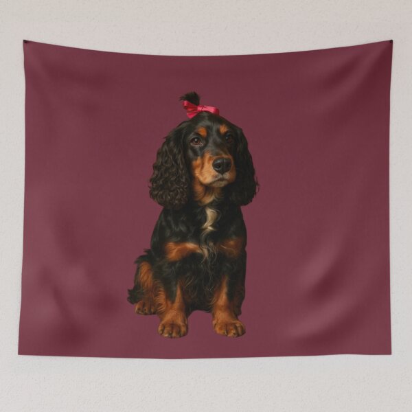 Item preview, Portrait of a Black and Tan Dog with a Red Bow on Black Background designed and sold by LoomisDreams.