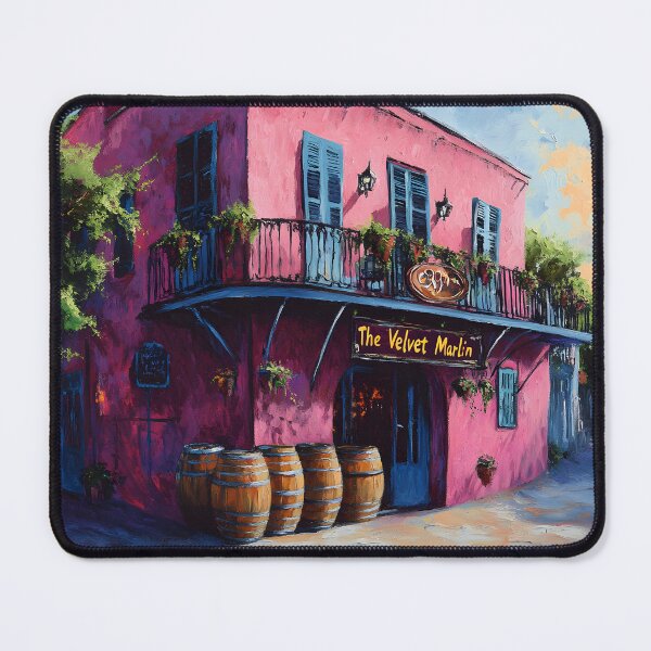 Artikelvorschau, Betreten Sie die Velvet Marlin Bar – eine rosa Ikone des Nachtlebens von New Orleans, die mit Holzfässern und lebendigem Himmel Charme ausstrahlt entworfen und verkauft von OlfactoART Studio.
