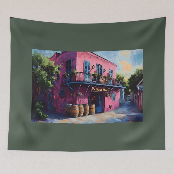 Item preview, Enter The Velvet Marlin Bar- A Pink Icon of New Orleans Nightlife Radiating Charm with Wooden Barrels and Lively Sky designed and sold by OlfactoART Studio.