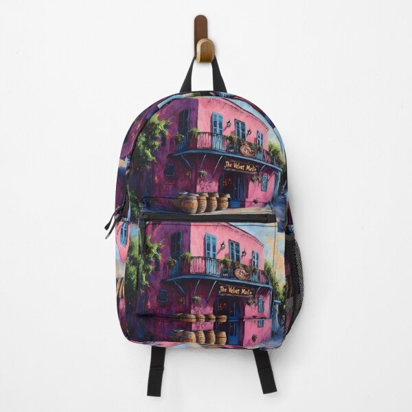 Item preview, Enter The Velvet Marlin Bar- A Pink Icon of New Orleans Nightlife Radiating Charm with Wooden Barrels and Lively Sky designed and sold by OlfactoART Studio.