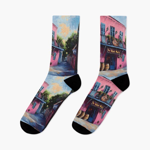 Item preview, Enter The Velvet Marlin Bar- A Pink Icon of New Orleans Nightlife Radiating Charm with Wooden Barrels and Lively Sky designed and sold by OlfactoART Studio.