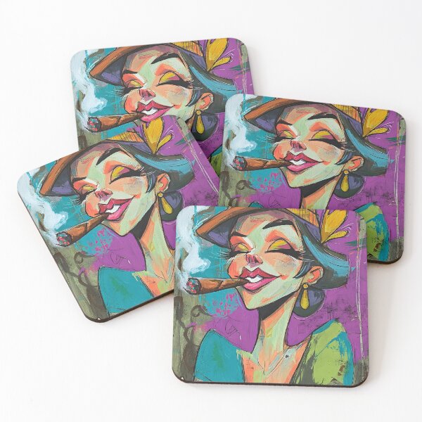 Item preview, Cigar and Sass - Playful Caricature of a Joyful Woman with Blue Hair and Bold Style designed and sold by OlfactoART Studio.