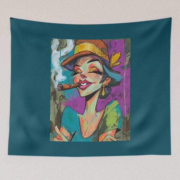 Item preview, Cigar and Sass - Playful Caricature of a Joyful Woman with Blue Hair and Bold Style designed and sold by OlfactoART Studio.