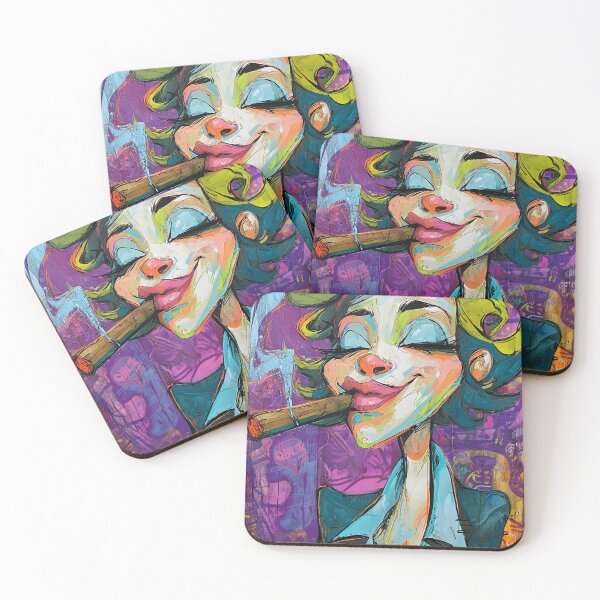 Item preview, Light It Up- Playful Woman in Suit Enjoying a Cigar with Bold Style and Wild Exaggerated Smile designed and sold by OlfactoART Studio.