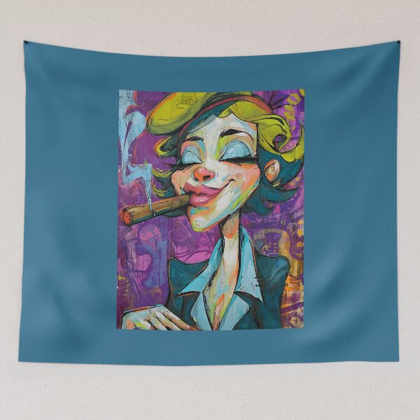 Item preview, Light It Up- Playful Woman in Suit Enjoying a Cigar with Bold Style and Wild Exaggerated Smile designed and sold by OlfactoART Studio.