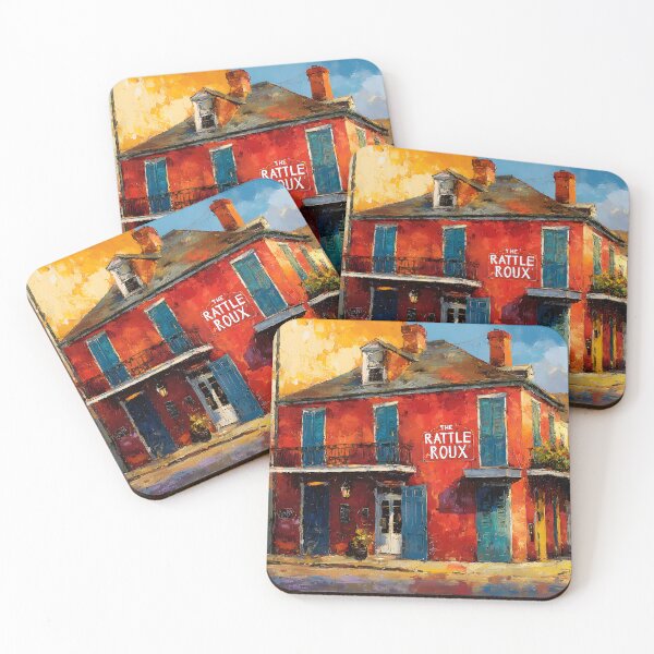Item preview, The Rattle Roux Bar - Vibrant New Orleans Street Corner with Bold Red Facade and Blue Shutters designed and sold by OlfactoART Studio.