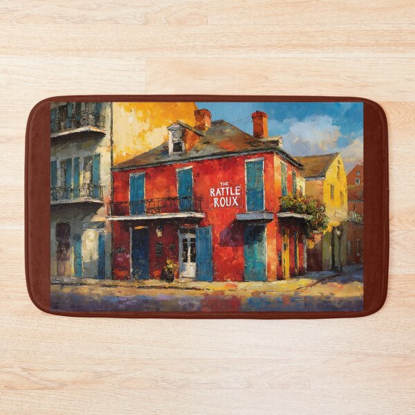 Artikelvorschau, The Rattle Roux Bar – Lebhafte Straßenecke in New Orleans mit kräftiger roter Fassade und blauen Fensterläden entworfen und verkauft von OlfactoART Studio.