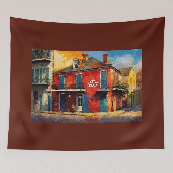 Item preview, The Rattle Roux Bar - Vibrant New Orleans Street Corner with Bold Red Facade and Blue Shutters designed and sold by OlfactoART Studio.