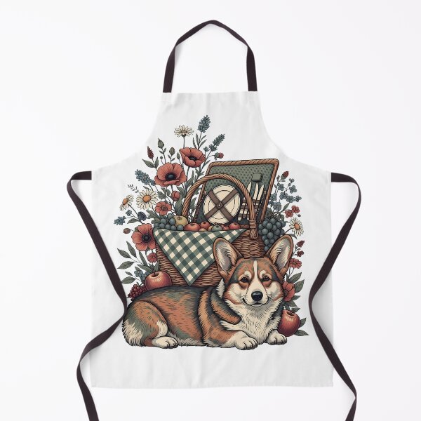 Item preview, Vintage Corgi Lounging by Picnic Basket in Soft Earth Tones designed and sold by zoughlal.