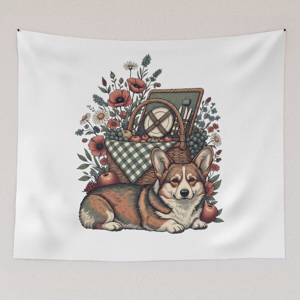 Item preview, Vintage Corgi Lounging by Picnic Basket in Soft Earth Tones    designed and sold by zoughlal.