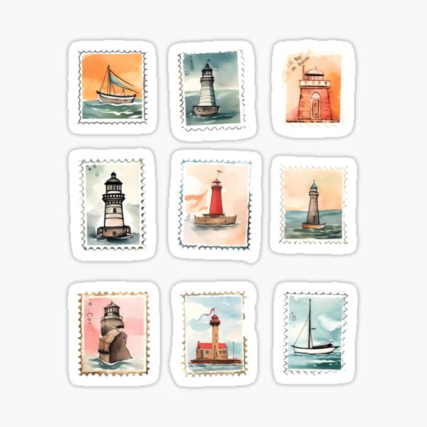 Item preview, Watercolor Coastal Postage Stamps For Journaling Set | Scrapbook | Light House | Boat | Nautical designed and sold by gyenayme.