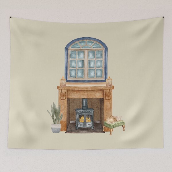 Item preview, Watercolor Fireplace Interior with Cat and Window – Cozy Winter Home Decor Clipart designed and sold by Softglow-Studio.