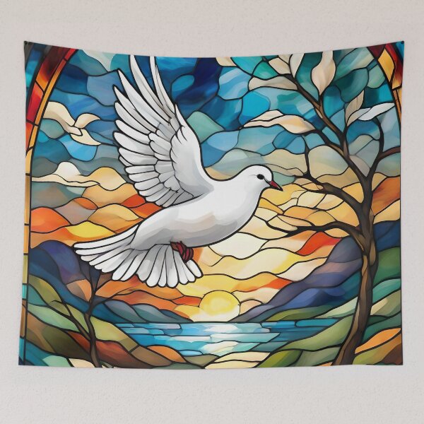 Item preview, Stained Glass Peace Flying White Dove With Landscape designed and sold by Ciervo Primavera.