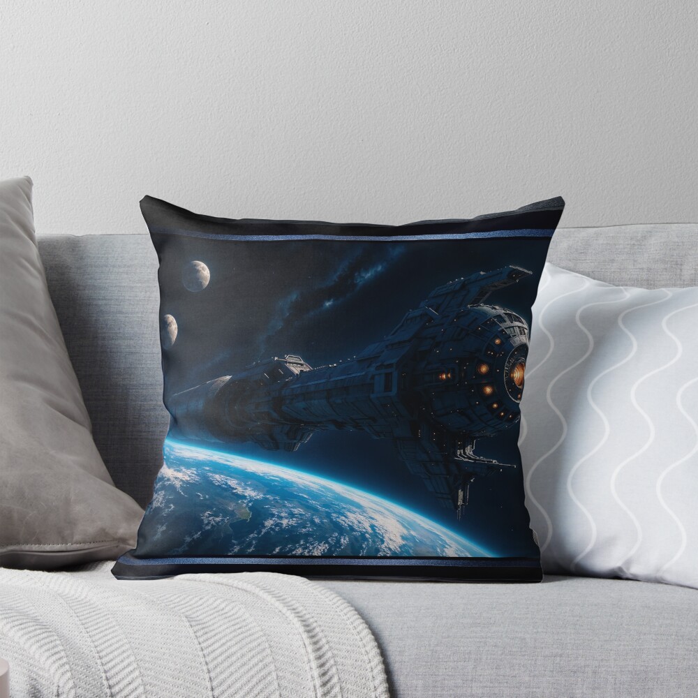 The Hyperlore Spacecraft Orbiting The Planet Trasis VII Captivating AI Concept Art by Xzendor7 Decorative Art Print Throw Pillow