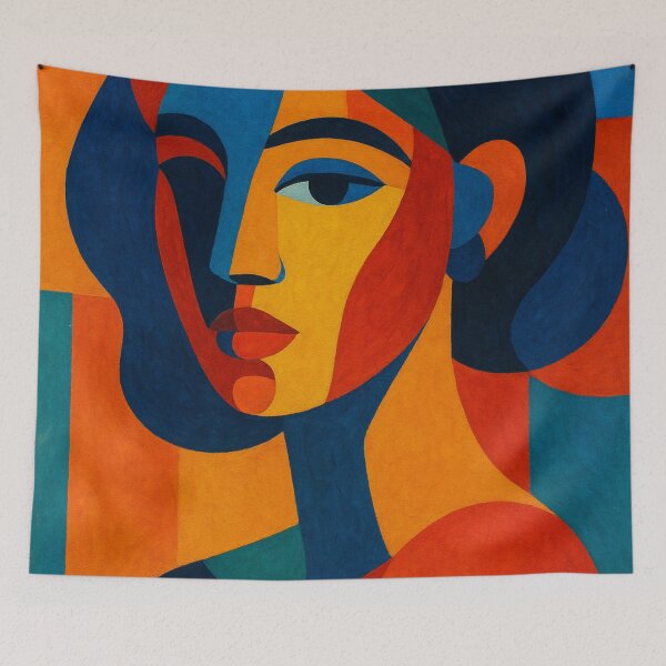 Item preview, abstract portrait of a woman rendered with bold shapes and vibrant colors designed and sold by optimusprime39.