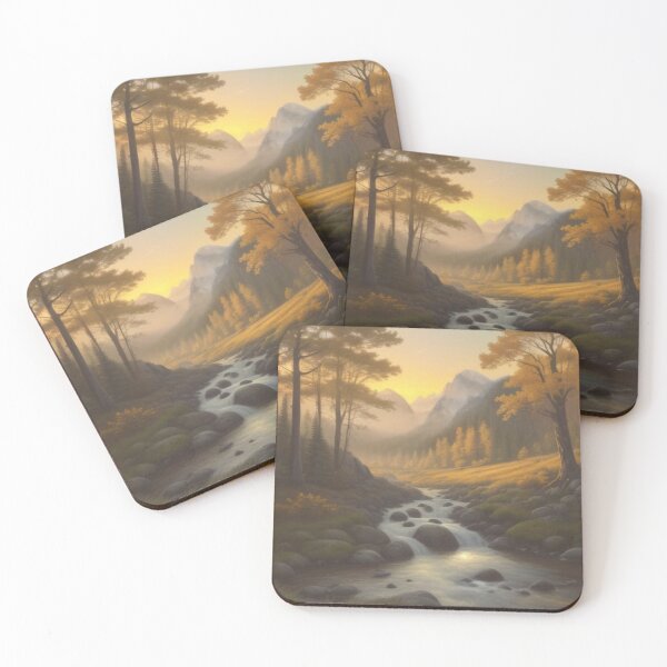 Item preview, Golden Autumn Forest Stream Painting with Mountains designed and sold by Uniquely Yours.