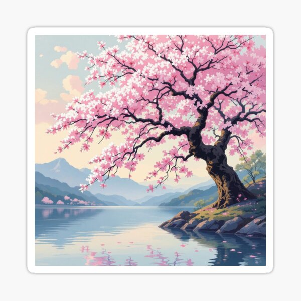Item preview, Serene Cherry Blossom Tree by Tranquil Lake with Mountain Backdrop designed and sold by Uniquely Yours.