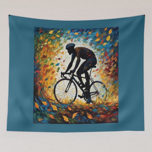 Item preview, "Cyclist Enveloped in a Whirlwind of Colorful Leaves" designed and sold by Artisticanvas.
