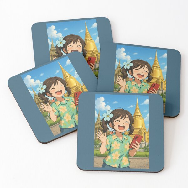 Item preview, Happy Girl in Thai Temple – Cute Travel Cartoon with Flower Shirt designed and sold by konthai.familyart.
