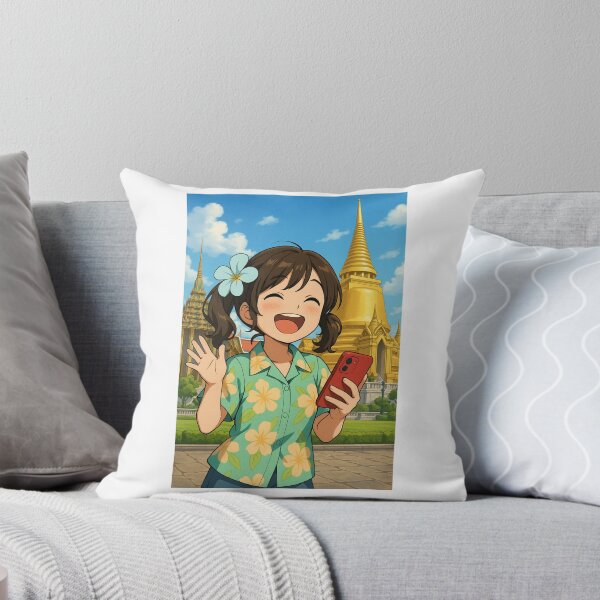 Item preview, Happy Girl in Thai Temple – Cute Travel Cartoon with Flower Shirt designed and sold by konthai.familyart.
