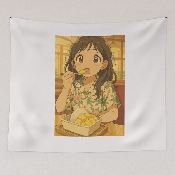 Item preview, Cute Anime Girl Eating Mango Sticky Rice – Thai Dessert Aesthetic designed and sold by konthai.familyart.