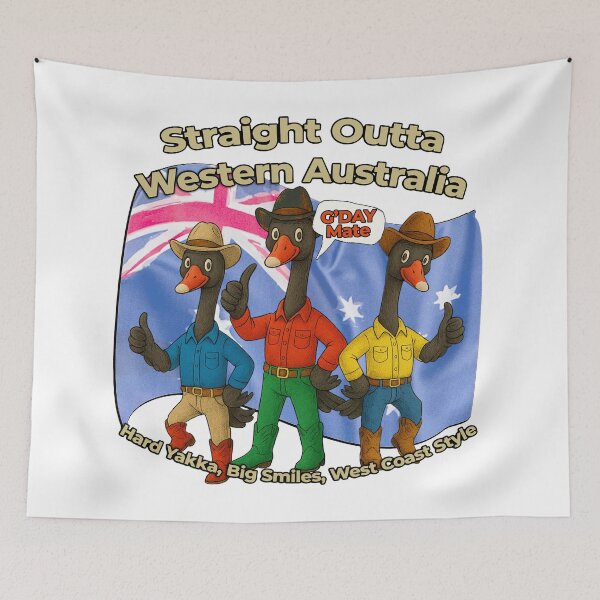 Item preview, Straight Outta Western Australia – Cowboy Black Swans with Aussie Flag – Funny WA Outback Emu Style Art designed and sold by Michael van der Hoorn.
