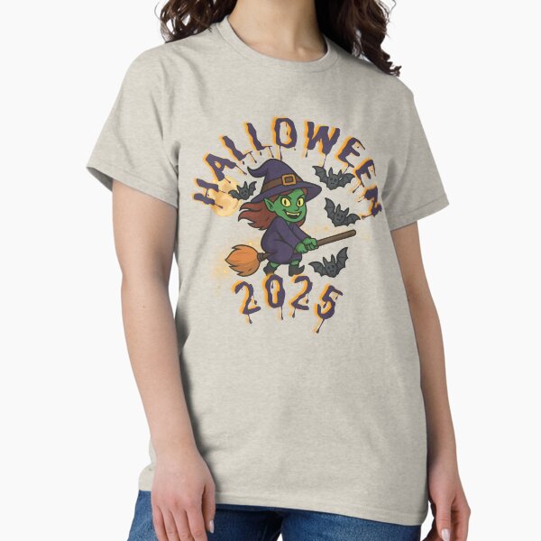 Item preview, Cute Halloween Witch 2025 T-Shirt – Flying Broomstick Cartoon Design designed and sold by KENGMODE.
